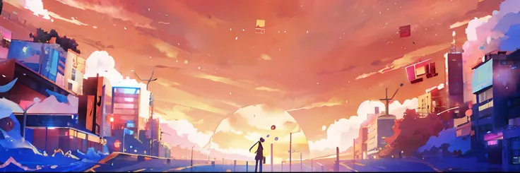 An anime scene of a man and a woman in a sunset city, sunset illustration, Anime landscape, arte de fundo, background artwork, anime backgrounds, watching the sunset. anime big breast, Sunset!, Fan art, Lofi art, ((Sunset)), by Yang J, cyril rolando and go...