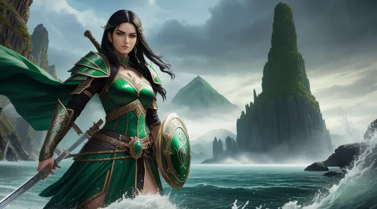 In an epic setting, A tall warrior queen woman, with emerald green armor, with black hair, green eyes, female face, (holding a sword and shield), distance in a landscape, water, (extremely detailed 8k CG unit wallpaper), most beautiful artworks in the worl...