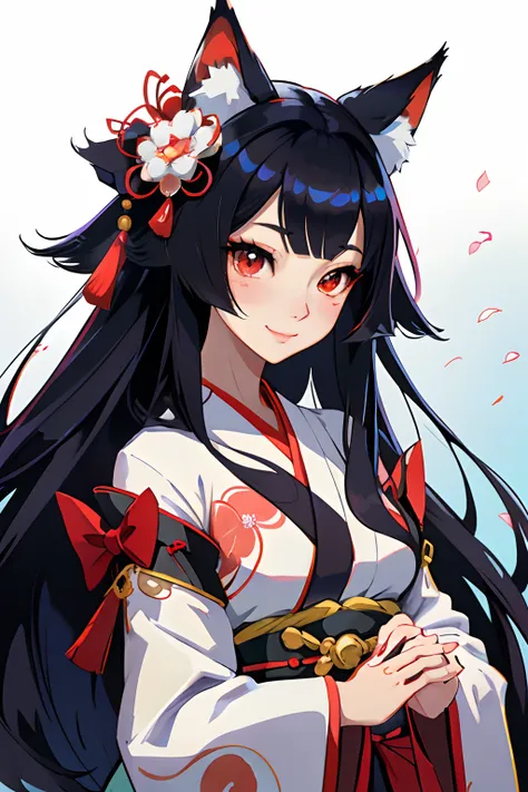 High quality, masutepiece, 1girl in, Fox Woman、Very beautiful adult woman、A detailed face、high-level image quality、细致背景、She wears a very beautiful red kimono、Sleepy face、very long beautiful black hair、Her eyes are a beautiful blue color.、The inside of the ...