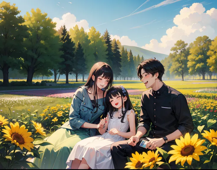 couple, 1girl, 1boy, boy sleep on girls lap, smile, laugh, romantic atmosphere, behind the flower, flower field, blue sky, landscape, mondstadt