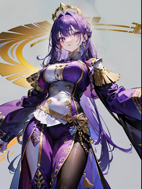 A beautiful girl wearing purple and gold with an official uniform，The hair is purple，long whitr hair，The pupils are crimson，The slim waist bodice does not reveal the figure