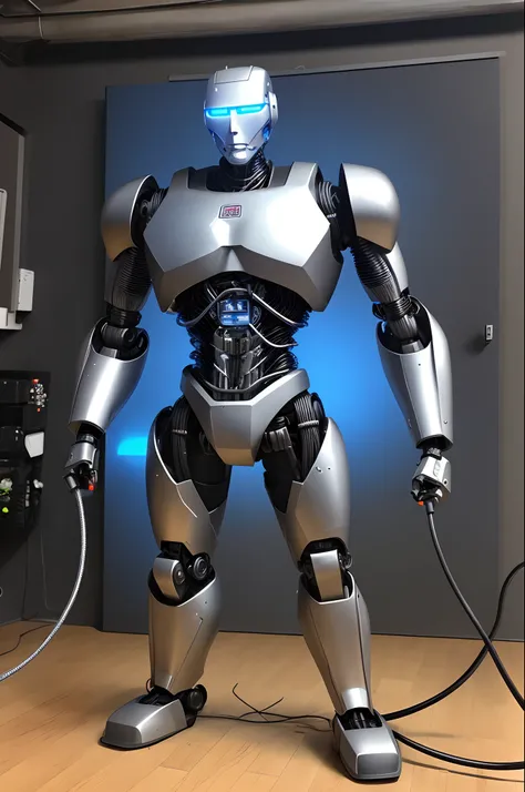 Terminator style robot with super strong blue led eyes muscular high muscular manover cables and wires connected