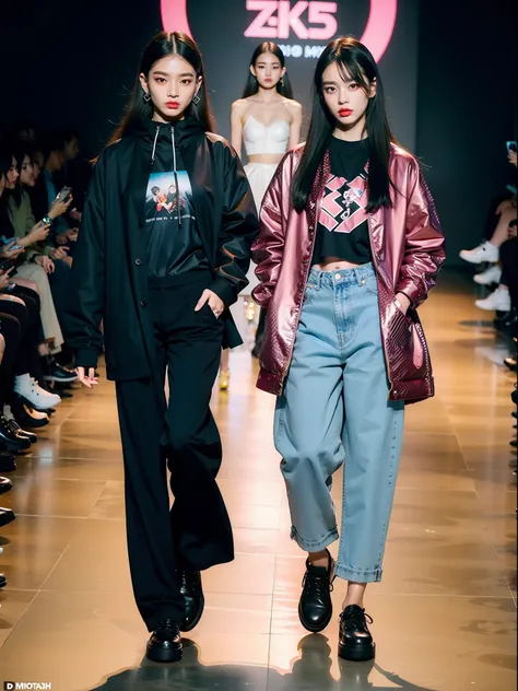 um desfile de moda conceitual, Temporada k-pop, Fashion influencer trends, pessoas normais urbanas, Trend in Fashio magazine