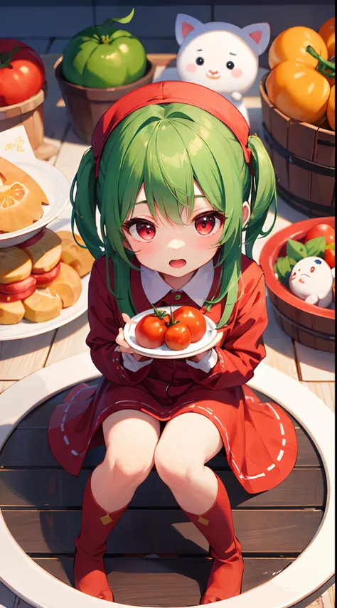 White tray、girl with、little man、Red eyes、Green hair、outfits：Tomato、Cosplay：Tomato、plushies、red outfit（（Dwarf sitting on a plate：1.8））、kawaii、be frightened、tremble for