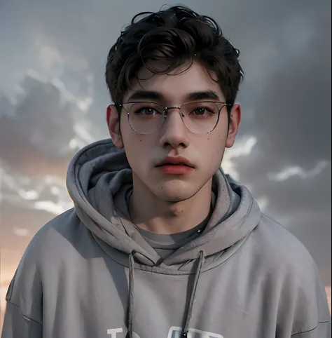 (masterpiece:1.2), (best quality:1.2), hyper realistic,highestres,absurdres,extremely detailed,volumetic,dramatic lighting,(frontal view),
20 year old boy,face,detailed eyes, grey hoodie, black t-shirt, with background ((sky))