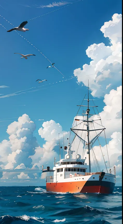 Medium-sized fishing vessels，sea surface，with blue sky and white clouds，There are seabirds