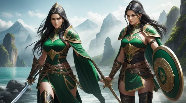 In an epic setting, A tall warrior queen woman, with emerald green armor, with black hair, green eyes, female face, (holding a sword and shield), distance in a landscape, water, (extremely detailed 8k CG unit wallpaper), most beautiful artworks in the worl...