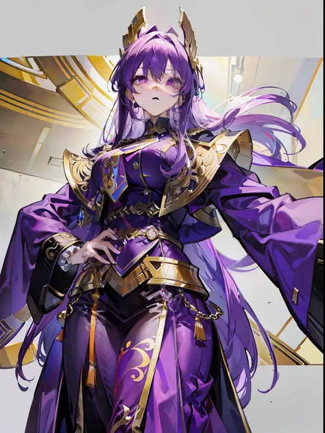 Dressed in purple and gold，Beautiful girl in official uniform，The hair is purple，long whitr hair，The pupils are crimson，The slim waist does not show the figure