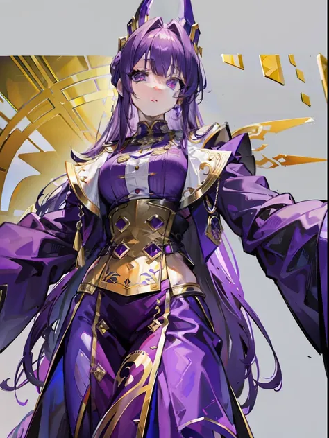 Dressed in purple and gold，Beautiful girl in official uniform，The hair is purple，long whitr hair，The pupils are crimson，The slim waist does not show the figure