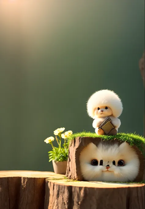 holding camera, tree_stump, flowers, adorable , fluffy, photorealistic, soft lighting,