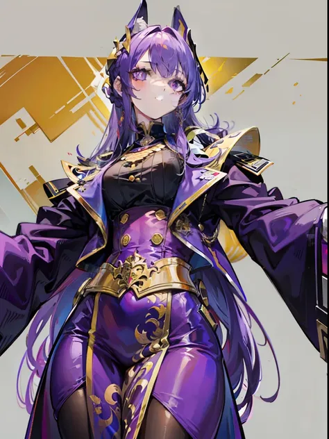 Dressed in purple and gold，Beautiful girl in official uniform，The hair is purple，long whitr hair，The pupils are crimson，The slender waist does not show the figure