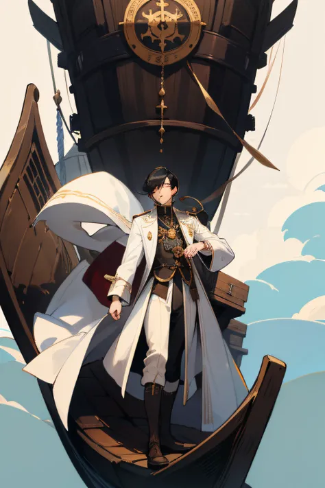 young man with black hair, a noblemans white overcoat, and a monocle over his eyes, wearing black boots, on top of a large medieval wooden ship, which flies above the clouds