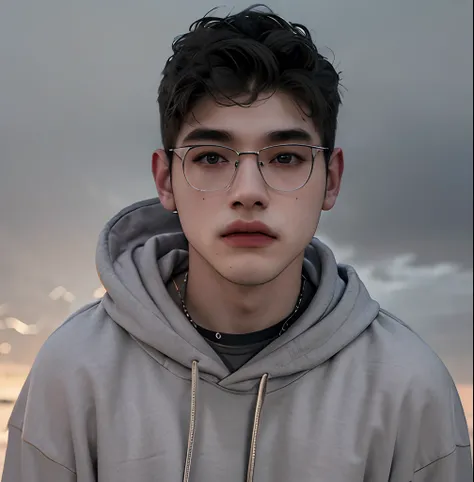 (masterpiece:1.2), (best quality:1.2), hyper realistic,highestres,absurdres,extremely detailed,volumetic,dramatic lighting,(frontal view),
20 year old boy,face,detailed eyes, grey hoodie, black t-shirt, with background ((sky))