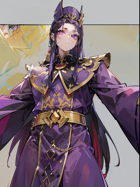 Dressed in purple and gold，Beautiful girl in official uniform，The hair is purple，long whitr hair，The pupils are crimson，The slender waist does not show the figure