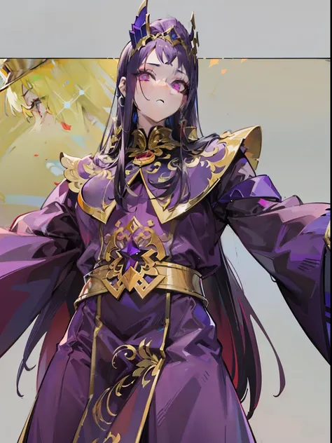 Dressed in purple and gold，Beautiful girl in official uniform，The hair is purple，long whitr hair，The pupils are crimson，The slender waist does not show the figure