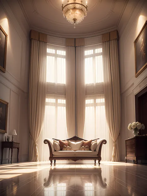 high-end textured curtains for luxury homes，european sofa，floor to ceiling window，tmasterpiece、epic composition，cream wind、cinem...