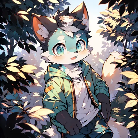 shota,furry,cute,lovely,yellow fur,white ears,blue eyes,green hoodie,navy blue shorts,warm lights,daytime,fantastic shadow light...