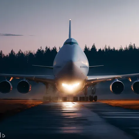 747 airplane on runway at dusk