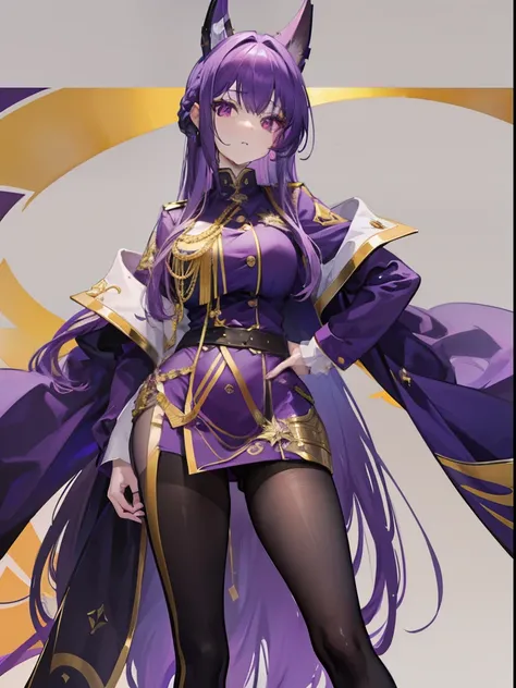 Dressed in purple and gold，Beautiful girl in official uniform，The hair is purple，long whitr hair，The pupils are crimson，The slender waist does not show the figure