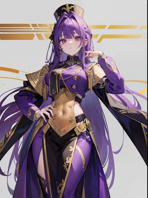 Dressed in purple and gold，Beautiful girl in official uniform，The hair is purple，long whitr hair，The pupils are crimson，The slender waist does not show the figure