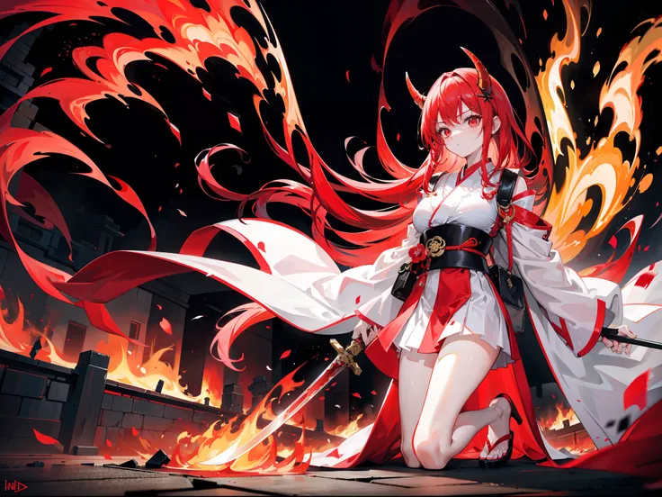 Red-haired beautiful girl，Wearing a white kimono，Red and black belt，A huge cloak in red and black，Wears a black demon horn that is steaming，The hem of the kimono skirt drops to the floor，Wield a giant sword entangled in fire，The giant sword was surrounded ...