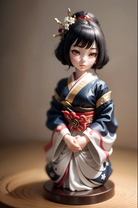 A small anime doll, Depiction of geisha, Inside the blind box, Place on a small pedestal, On a clean white background, Artificial light lighting. The artwork is of top-notch photographic quality, Capture every intricate detail of anime dolls.