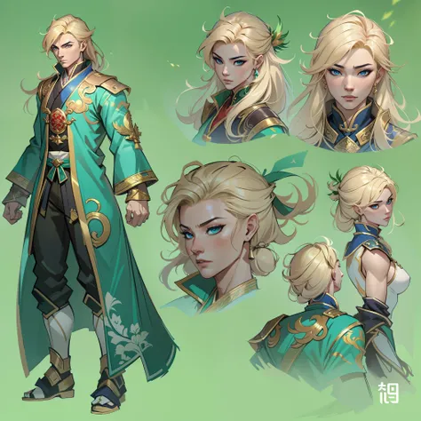 a close up of a strong man in his 30s, with hazel eyes and curly blonde hair, wearing a blue and green fighters outfit, a hero with hazel eyes, male barehanded fist fighter, mage with air magic, standing in a chinese temple, new costume concept design, in ...