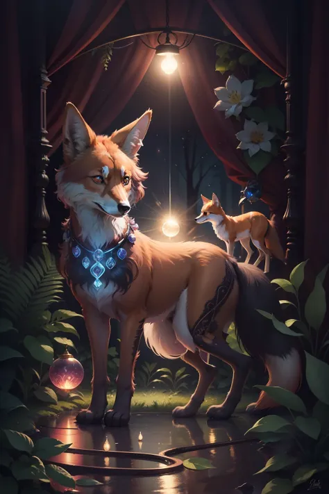 inside within a glass ball, with four legs, a very cute, (maned wolf cat forest fox hybrid animal), solid rich deep brown fur color, very dark forest trail, multi-shades of maroon night flowers that border the trail, wearing a glowing enchanted gemmed coll...