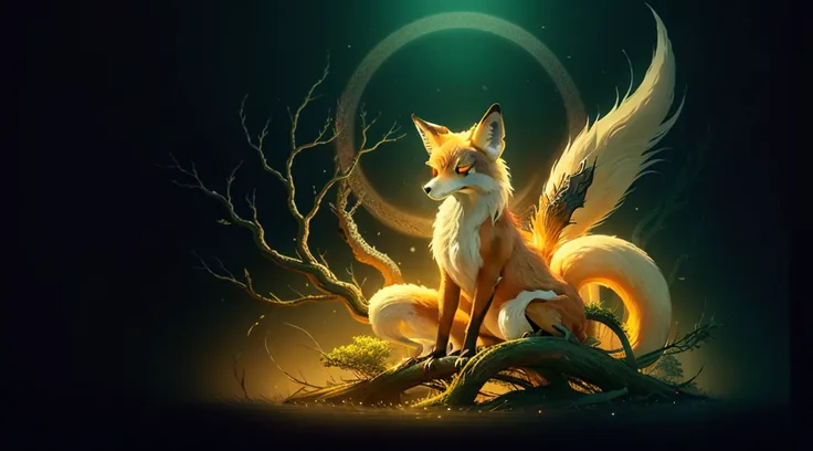 drawing of a fox with white hair sitting on a branch, ethereal fox, nine-tailed fox, fox three-tailed fox, onmyoji detailed art,...