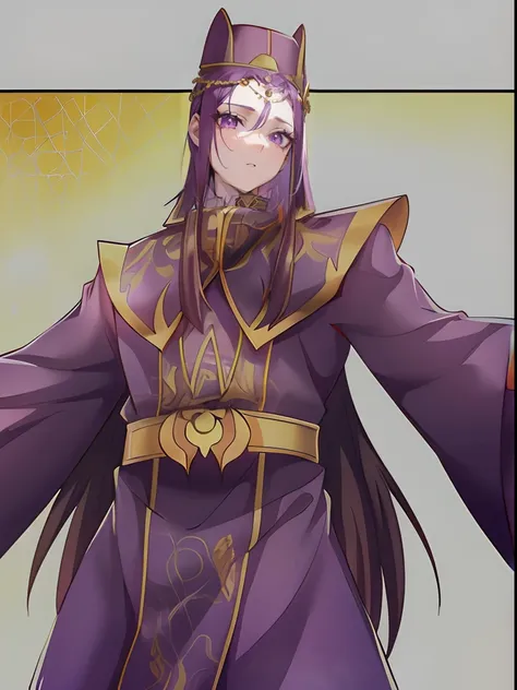 Dressed in purple and gold，Beautiful girl in official uniform，The hair is purple，long whitr hair，The pupils are crimson，The slender waist does not show the figure