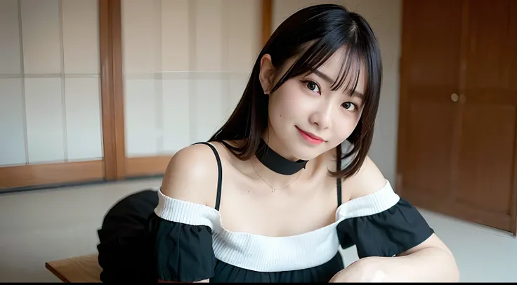 top-quality、超A high resolution、(Photorealsitic:1.4)、1 Japan Girl、Off-shoulder white shirt、Black tight skirt、Black Choker、(faded ash gray hair:1)、huge-breasted、looking at viewert、a closeup、A smile