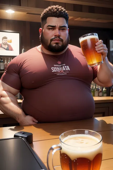 Make a man with obesity. Esse homem deve estar usando roupa vermelha. Ele deve estar dentro de um bar.  Hes drinking beer. Foto ultra realista, qualidade 8k, fullhd