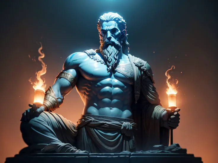 Paint an evocative 8K image portraying a revered Greek philosopher from the 3rd century BC, immortalized as a statue reflecting the epic aesthetic of God of War. Position the statue in an ambiance drenched in suspenseful darkness, its surroundings softly b...