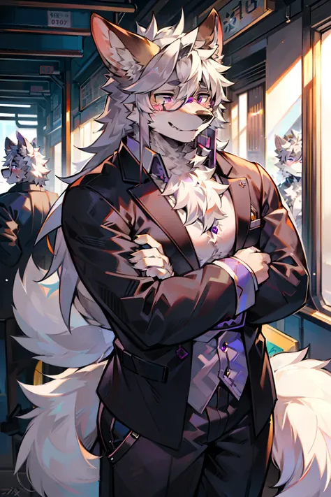 solo person，shaggy male，hairy bodies，shoun，coyote，canid，Gray fur，long  white hair，The ends of the hair are purple，Purple eye，Handsome，large tail，full bodyesbian，城市，Busy，sigh，Squeeze the subway，eye glass