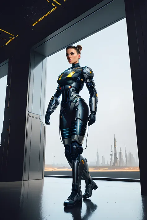 ((oil painting)) of ((attractive female modern military with with cybernetic limbs part cyborg on patrol)), cinematic, dynamic pose, fine details, reflections, 8k, ((dark shot)), soft volumetric lights, (backlit:1.3), (photorealistic:1.3), (Style-Glass), h...