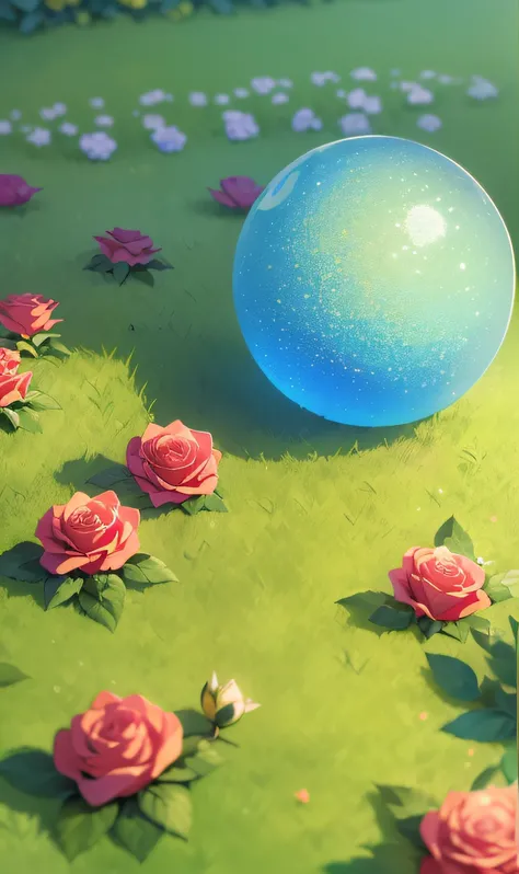 (Masterpiece, Best quality, High quality, A high resolution:1.4), Extremely detailed, ambient soft lighting, 4K, Outdoors, A glass ball，Stand in the rose garden，No characters