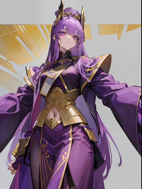 Dressed in purple and gold，Beautiful girl in official uniform，The hair is purple，long whitr hair，The pupils are crimson，The slender waist does not show the figure