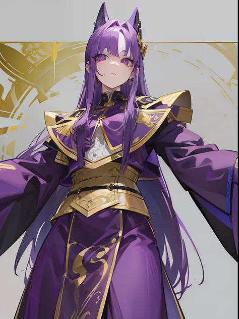 Dressed in purple and gold，Beautiful girl in official uniform，The hair is purple，long whitr hair，The pupils are crimson，The slender waist does not show the figure