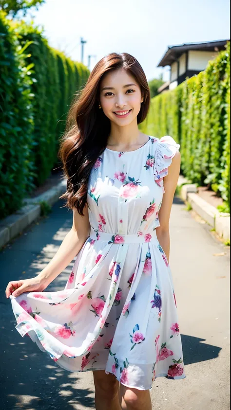 (top-quality、8k、32k、​masterpiece、UHD:1.2)、Photo of Pretty Japanese woman、Clear skin、Bright smile、Soft atmosphere、Natural posture、(Long:1.1+Twin-tailed:1.2)、Cute Dresses、Floral Accessories