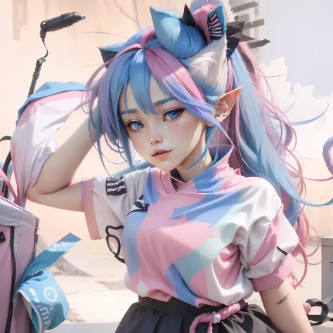 Blue hair，Pink and white clothes，Its the nine-tailed fox girl，It has pink fox ears，It has elements that reflect his identity as a nine-tailed fox