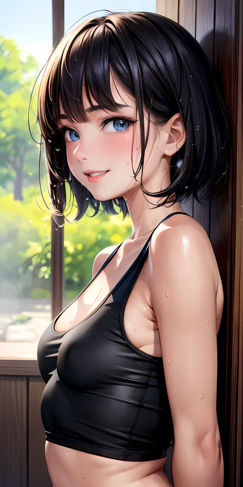 masterpiece, best quality, ultra-detailed, illustration,(1girl),beautiful detailed eyes, looking at viewer, close up, short hair, small breasts, sweaty body, wet armpit, seductive face, smile, sweaty tank top, black hair