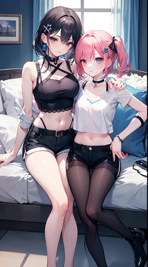 masterpiece,best quality,official art,extremely detailed CG unity 8k wallpaper, 2girls, adorable girl, yuri, hair ornament, short shorts, crop top, pantyhose, ribbon_choker, leg belt,