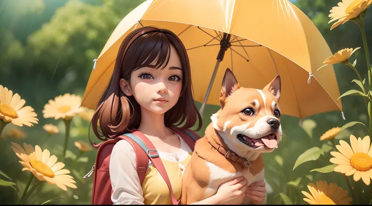 A very attractive girl with a backpack and a cute puppy、Enjoying a lovely spring outing surrounded by beautiful yellow flowers and nature. Holding an umbrella in your hand。The rain has stopped、A beautiful rainbow is coming out。Looking up at the rainbow、Tal...