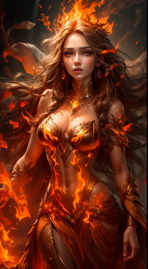 This is a realistic fantasy artwork prominently featuring realistic fire, including wisps of flames, glowing hot embers, subtle curls of smoke, and a beautiful fire druid. The druid stands in the midst of a raging inferno with an interesting composition. H...