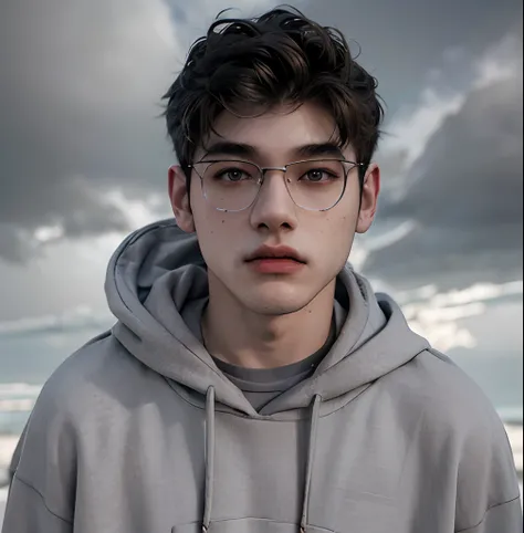 (masterpiece:1.2), (best quality:1.2), hyper realistic,highestres,absurdres,extremely detailed,volumetic,dramatic lighting,(frontal view),
20 year old boy,face,detailed eyes, grey hoodie, black t-shirt, with background ((sky))