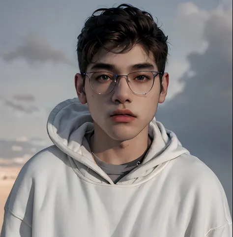 (masterpiece:1.2), (best quality:1.2), hyper realistic,highestres,absurdres,extremely detailed,volumetic,dramatic lighting,(frontal view),
20 year old boy,face,detailed eyes, grey hoodie, black t-shirt, with background ((sky))