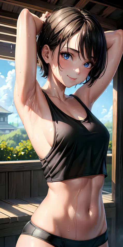 masterpiece, best quality, ultra-detailed, illustration,(1girl),beautiful detailed eyes, looking at viewer, close up, short hair, small breasts, sweaty body, wet armpit, seductive face, seductive smile, sweaty black tank top, wet crop top, black hair