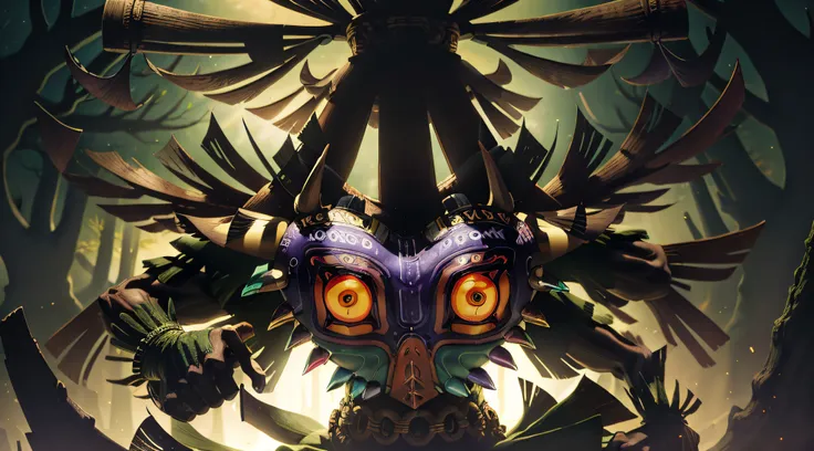 majoras mask style fierce deity holding his sword, facing camera, faint glow, skull kid peeking out side of view, forest backgro...