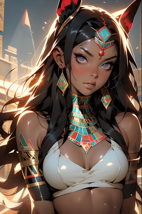 ((Frank Frazetta)), beautiful black woman, Beautiful black eyes、 Egyptian woman, (Glossy Egyptian ornaments), muscular and perfect body,(top-quality、8K、32K、​masterpiece、nffsw:1.3)、超A high resolution,(Photorealsitic:1.4),, long black hair with heavy bangs o...