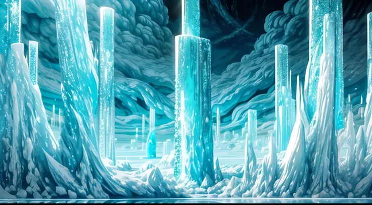 Many huge icicles descend from the clouds，Contact the surface of the lake，Alien Chaos landscape，